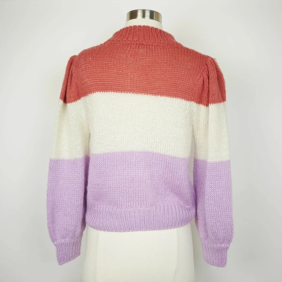 Gianni Bini cropped striped sweater with slight puff at shoulder Mock turtleneck - Picture 8 of 10